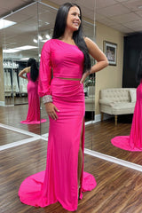 Two Pieces Prom Dress One Shoulder Mermaid Evening Dress with Slit