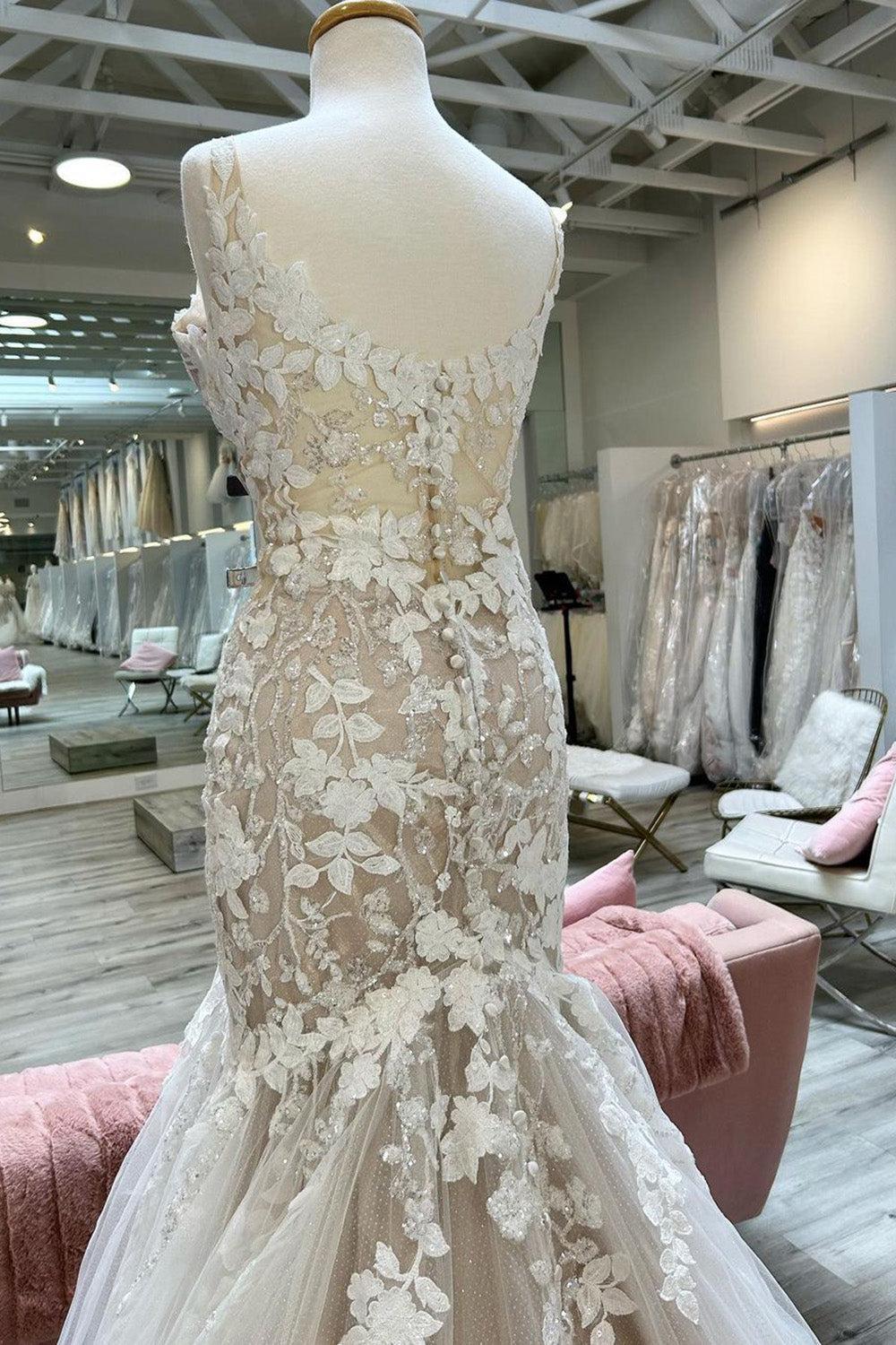 Dreamyannie Women Wedding Dress Unique Champagne V-Neck Asymmetrical Mermaid Bridal Dress with Appliques Dreamyannie UK Dreamyannie Women Wedding Dress Unique Champagne V-Neck Asymmetrical Mermaid Bridal Dress with Appliques Dreamyannie UK