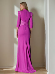 Unique Floor-Length Mother of the Bride Dress with Ruffles and 3/4 Sleeves