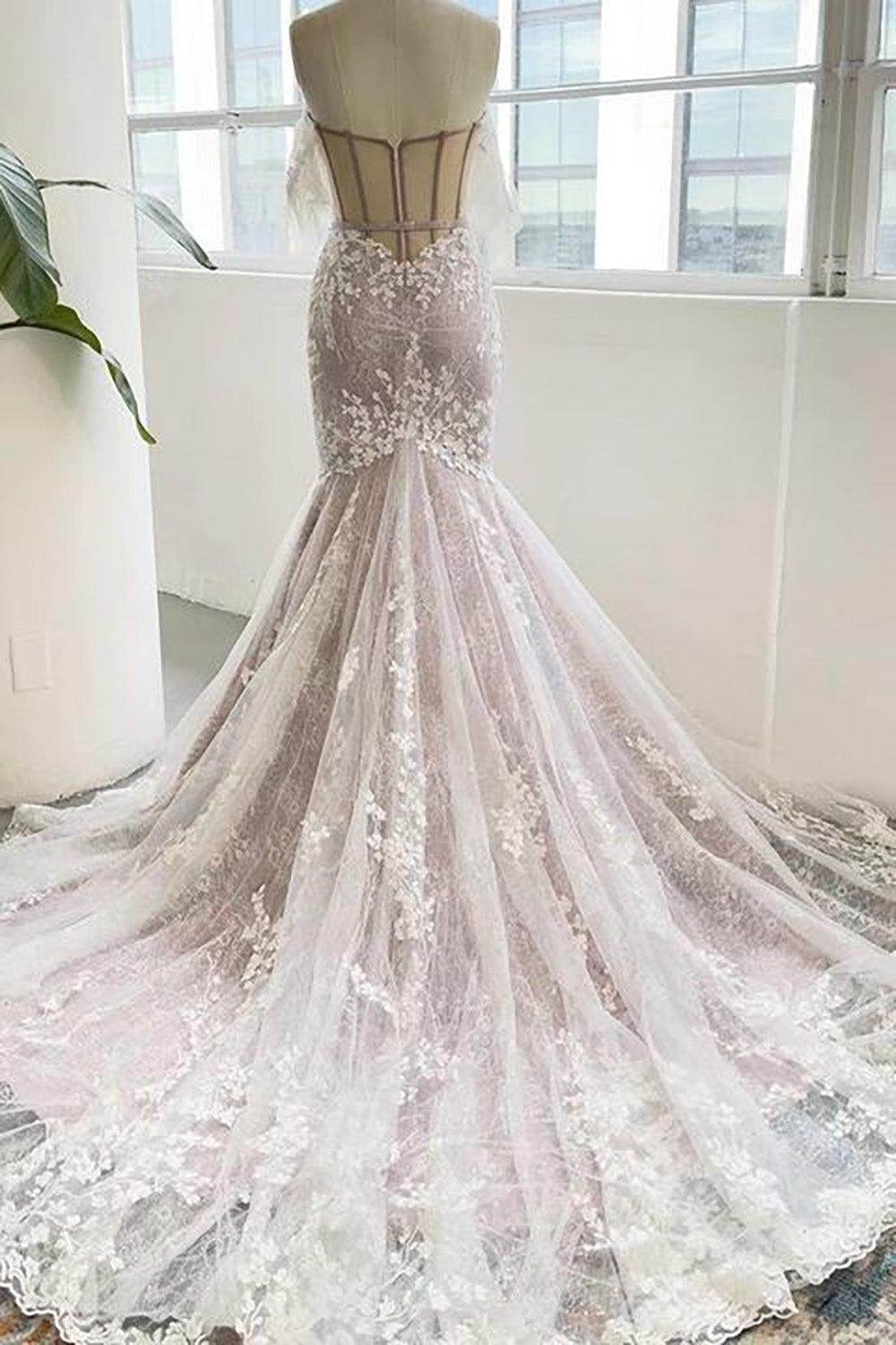 Unique Gray Purple Sweetheart Corset Mermaid Wedding Dress with Appliques