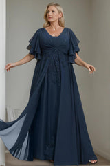 Unique Plus Size V-Neck A-Line Princess Floor-Length Mother of the Bride Dress with Sequins and Half Sleeve Ruffles