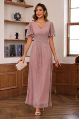 Unique V-Neck A-Line Princess Ankle-Length Mother of the Bride Dresses with Ruffles and Short Sleeves