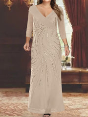 V-Neck 3/4 Sleeve Floor-Length Sequined Mother of the Bride Sheath Dress