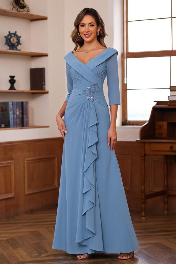 V-Neck 3/4 Sleeve Floor-Length Sheath/Column Mother of the Bride Dress with Ruffles & Appliques