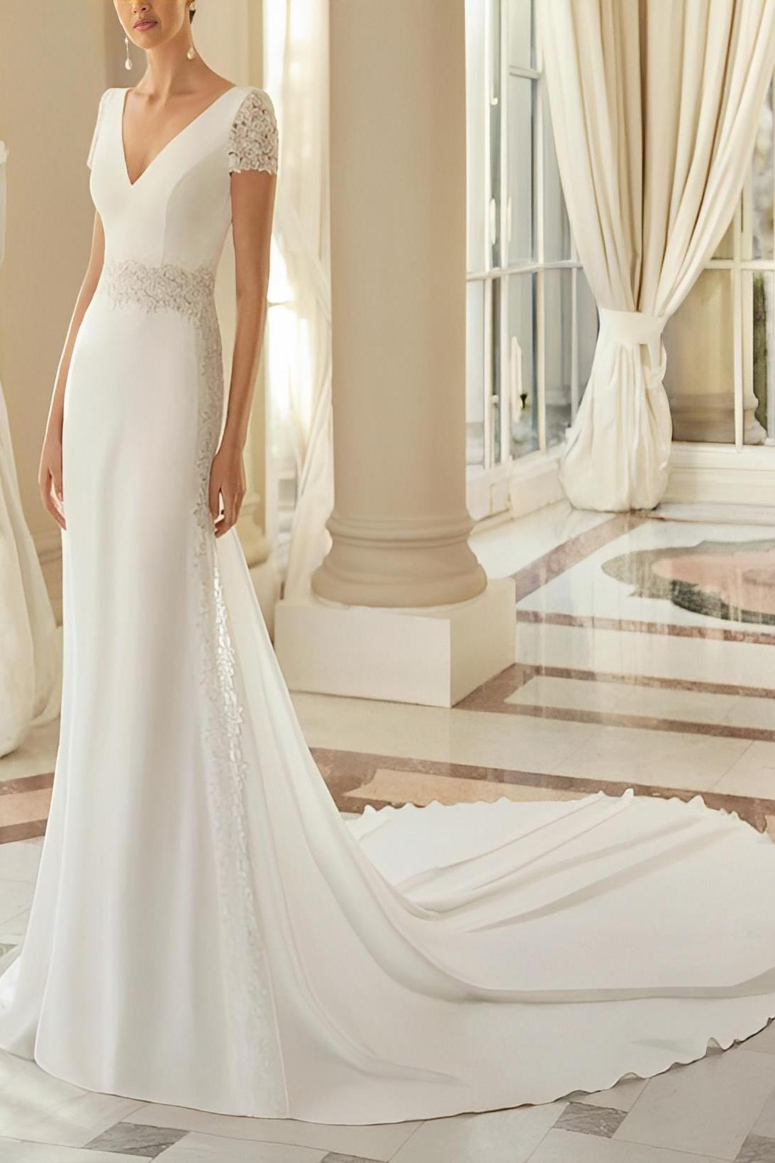 V-Neck A-Line Beach Wedding Dress With Lace Short Sleeves Court Train Elastic Satin