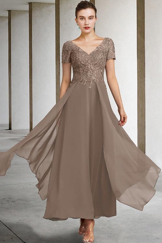 V-Neck A-Line Princess Ankle-Length Mother of the Bride Gown