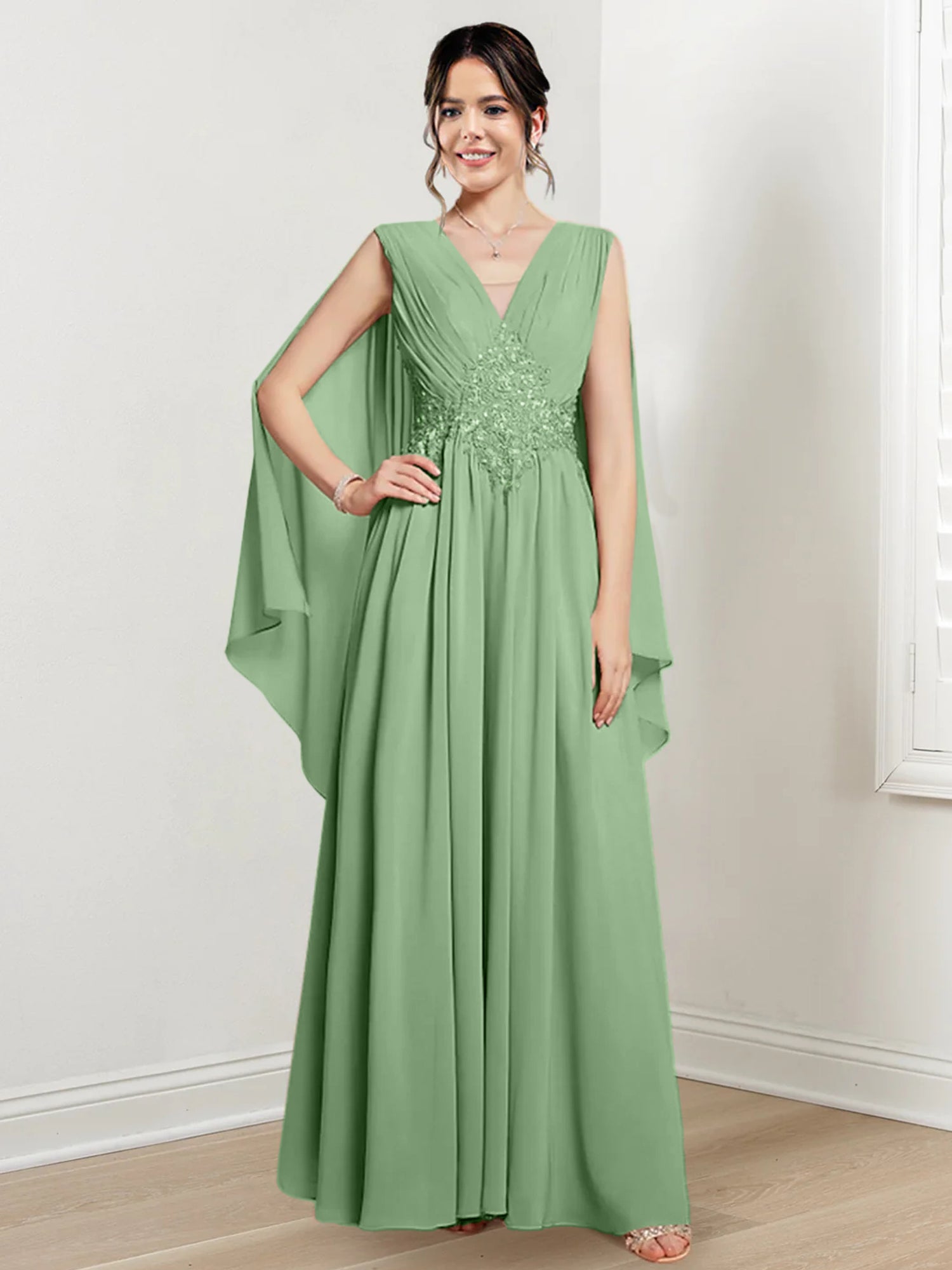 V-Neck A-Line Princess Floor-Length Dresses for the Mother of the Bride