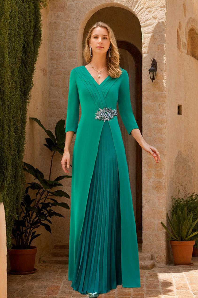 V-Neck A-Line Princess Floor-Length Mother of the Bride Dress with 3/4 Sleeves Chiffon Slit & Jewel Appliques