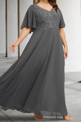 V-Neck A-Line Princess Floor-Length Mother of the Bride Dress with Applique and Half Sleeves