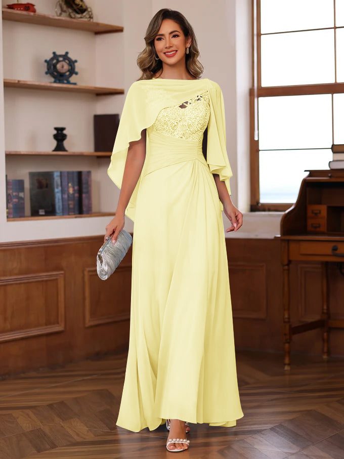 V-Neck A-Line Princess Floor-Length Mother of the Bride Dress with Appliques Ruffles & Wrap in 2 Pics