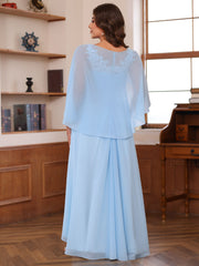 V-Neck A-Line Princess Floor-Length Mother of the Bride Dress with Appliques Ruffles & Wrap in 2 Pics