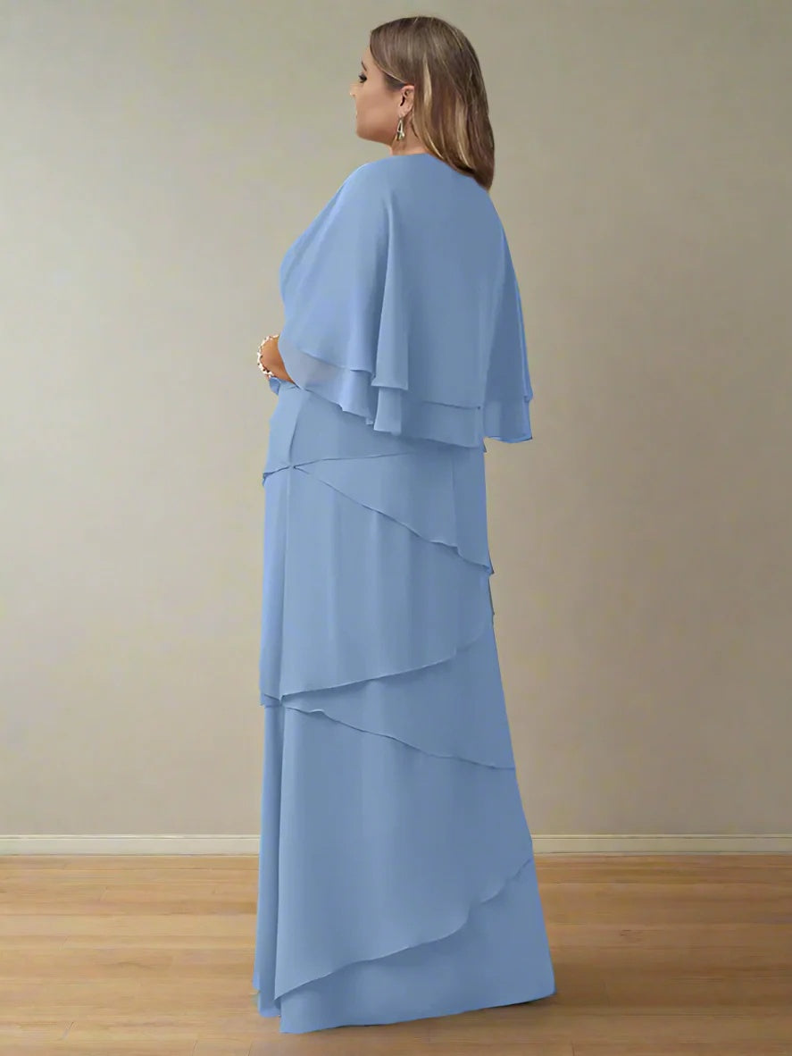 V-Neck A-Line Princess Floor-Length Mother of the Bride Dress with Half Sleeves and Ruffles in Regular & Plus Sizes