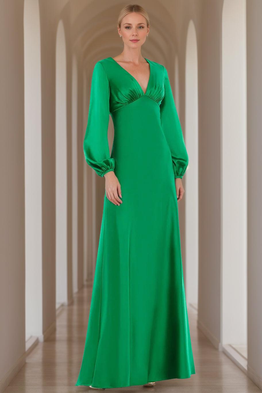 V-Neck A-Line Princess Floor-Length Mother of the Bride Dress with Long Sleeves and Ruffles