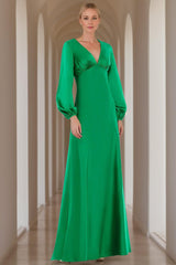 V-Neck A-Line Princess Floor-Length Mother of the Bride Dress with Long Sleeves and Ruffles
