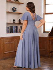 V-Neck A-Line Princess Floor-Length Mother of the Bride Dress with Short Sleeves and Ruffles