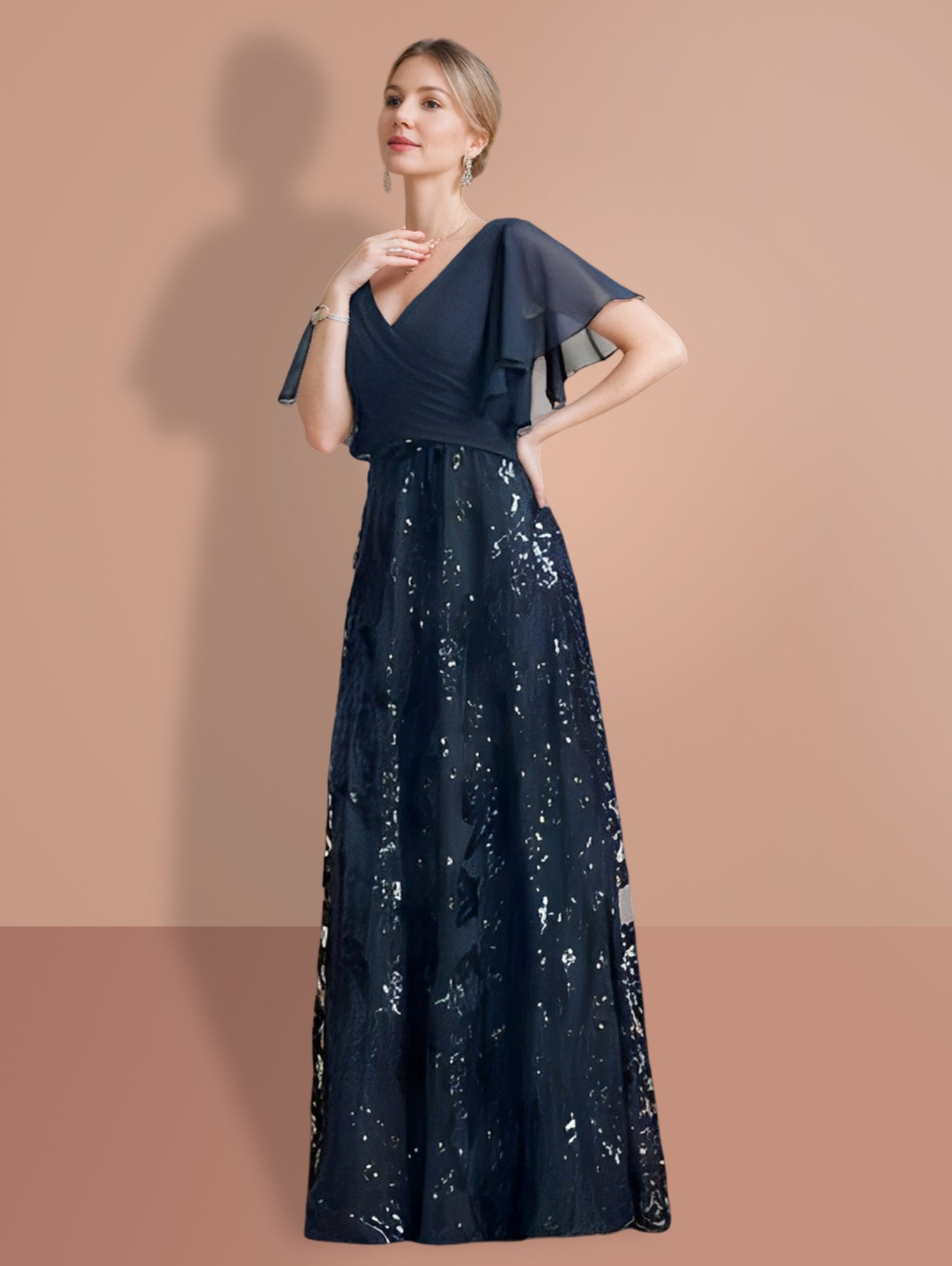 V-Neck A-Line Princess Floor-Length Mother of the Bride Dress with Short Sleeves and Sequins