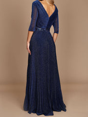 V-Neck A-Line Princess Gown with 3/4 Sleeves for the Mother of the Bride