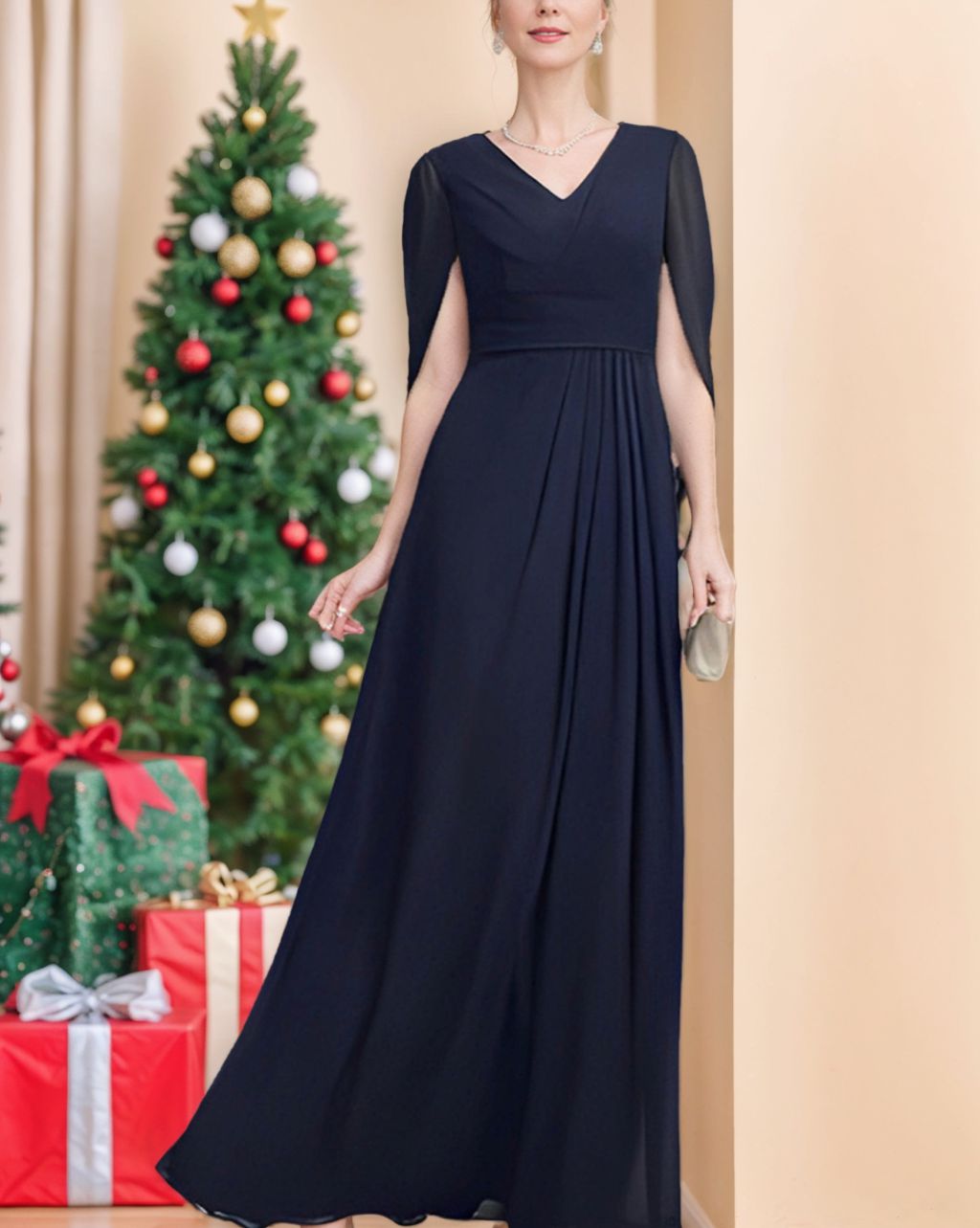 V-Neck A-Line Princess Mother of the Bride Dress with Half Sleeves