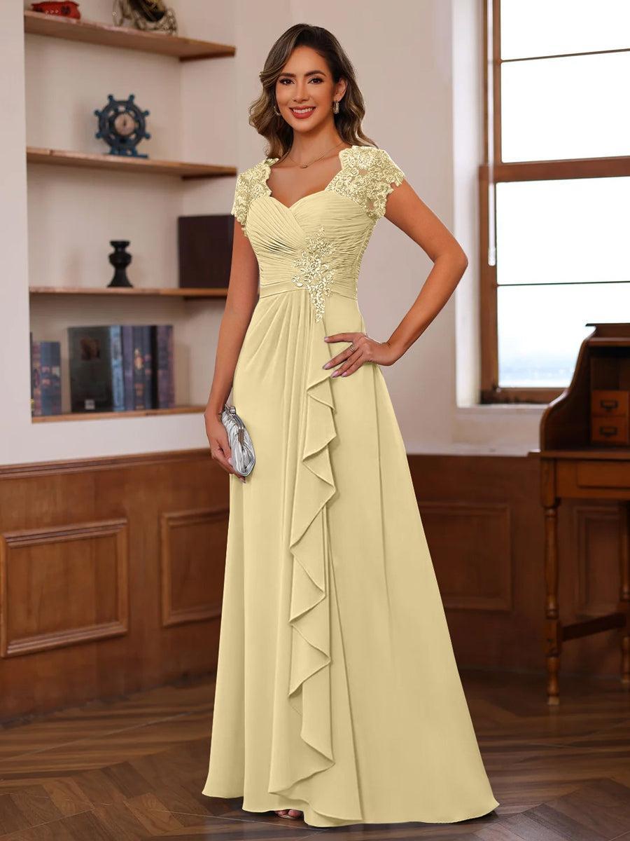 V-Neck A-Line Princess Short Sleeve Dress with Pleats Ruffles & Appliques for Mother of the Bride & Groom