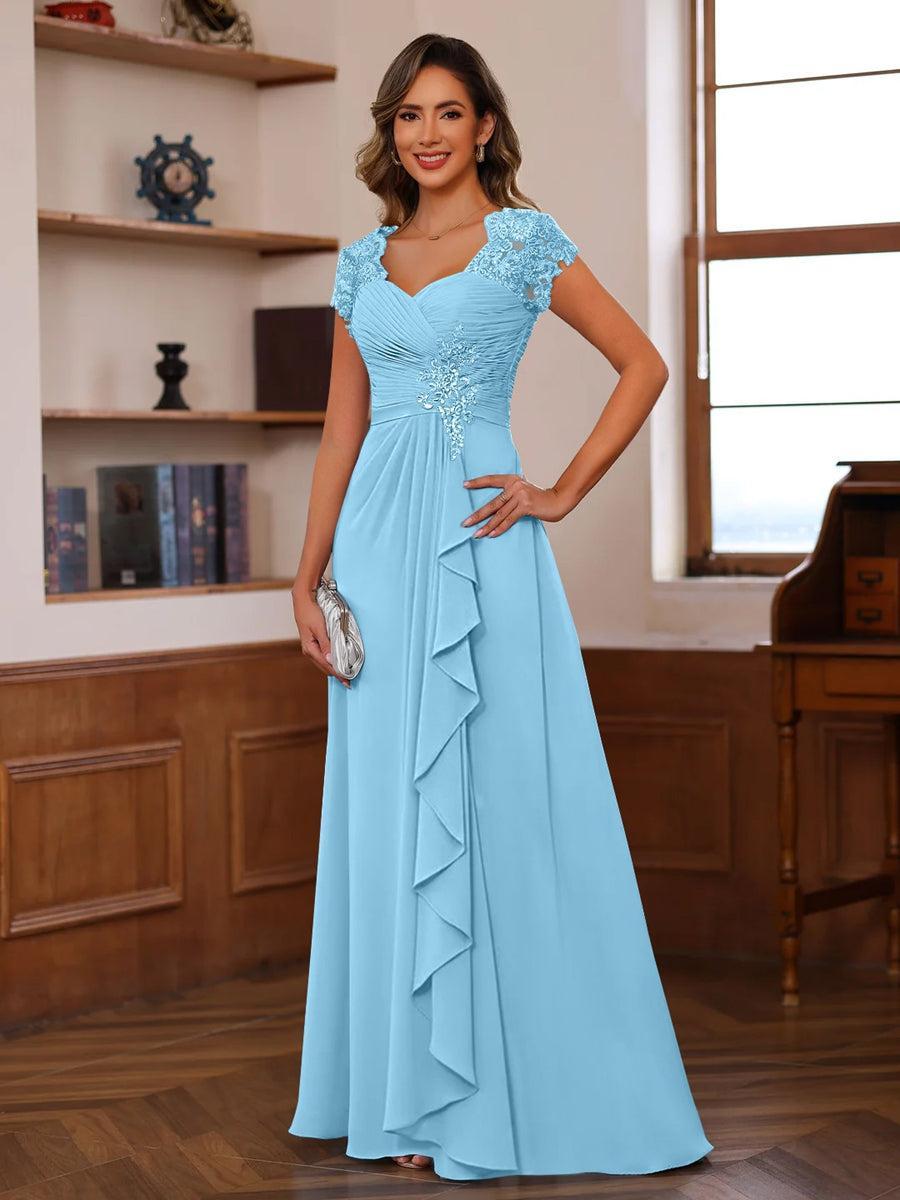 V-Neck A-Line Princess Short Sleeve Dress with Pleats Ruffles & Appliques for Mother of the Bride & Groom