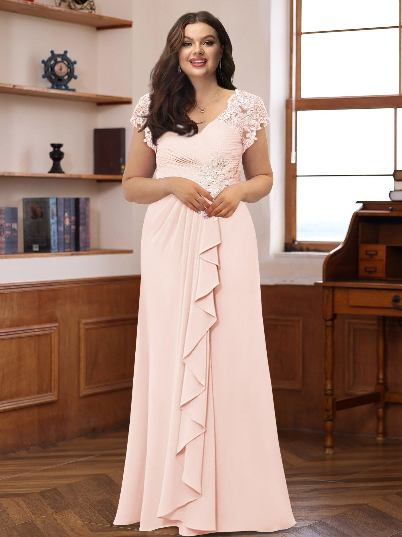 V-Neck A-Line Princess Short Sleeve Dress with Pleats Ruffles & Appliques for Mother of the Bride & Groom