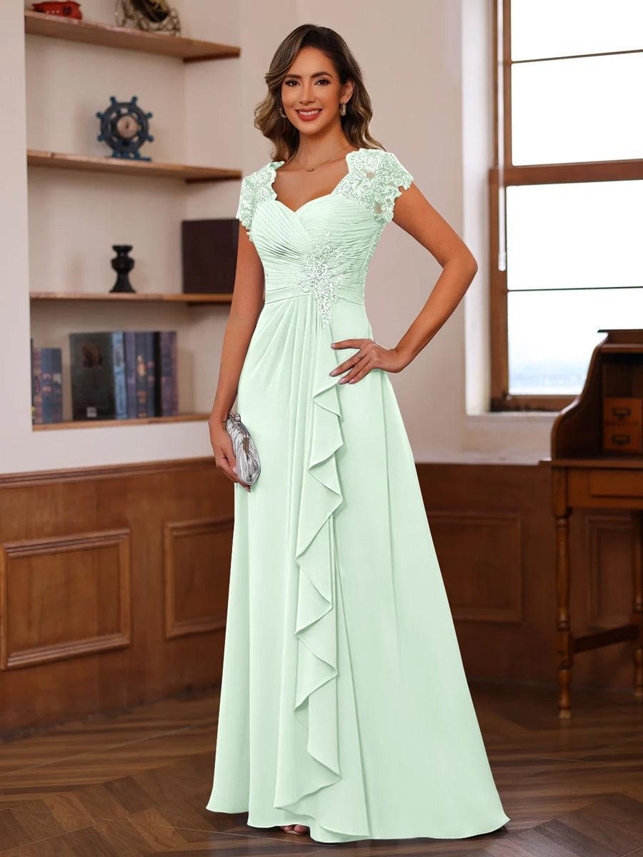 V-Neck A-Line Princess Short Sleeve Dress with Pleats Ruffles & Appliques for Mother of the Bride & Groom