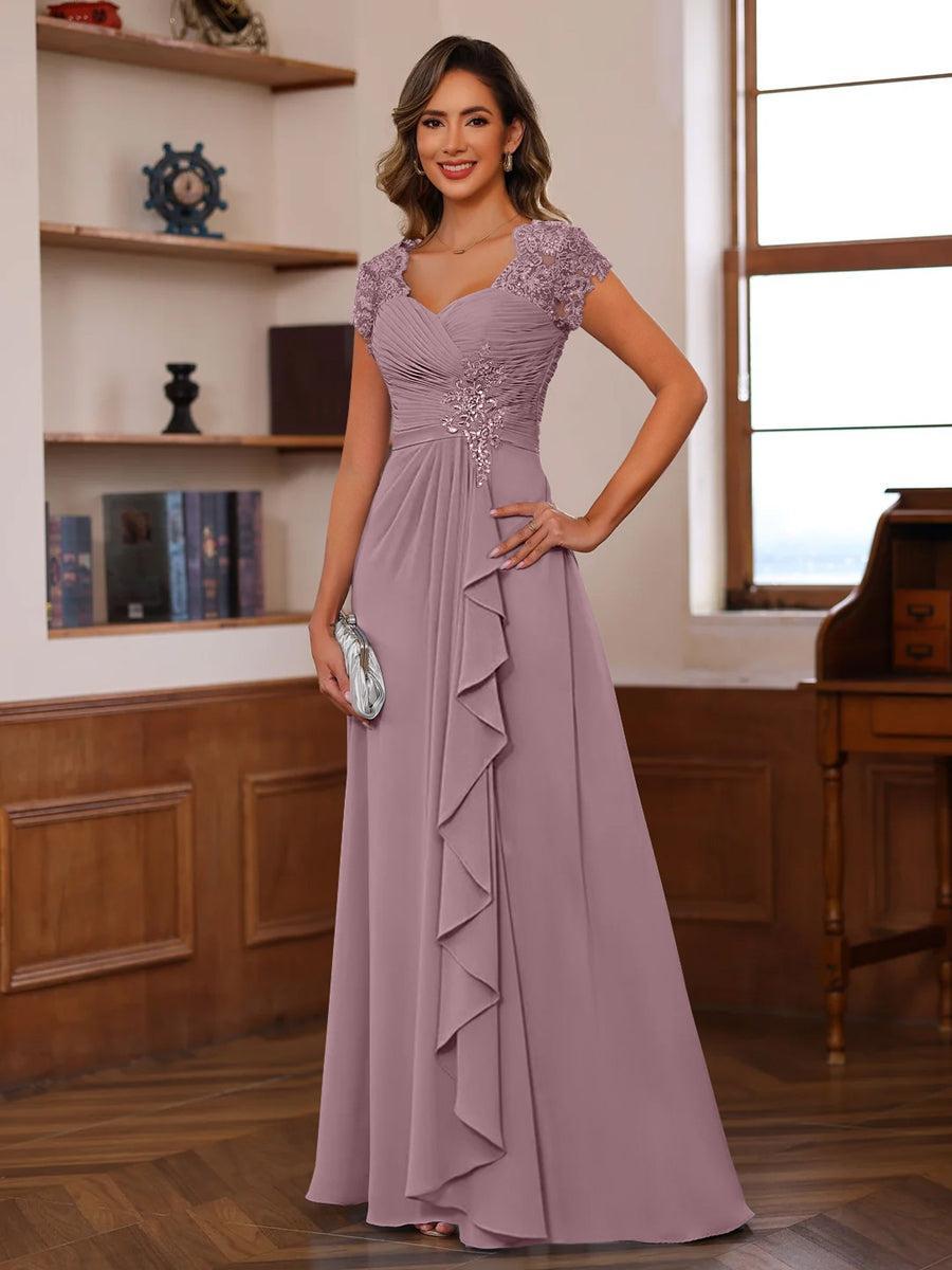 V-Neck A-Line Princess Short Sleeve Dress with Pleats Ruffles & Appliques for Mother of the Bride & Groom