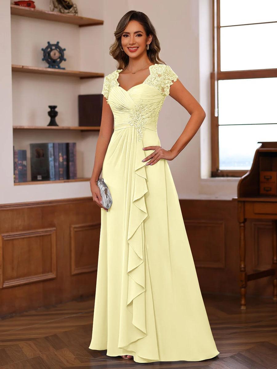V-Neck A-Line Princess Short Sleeve Dress with Pleats Ruffles & Appliques for Mother of the Bride & Groom