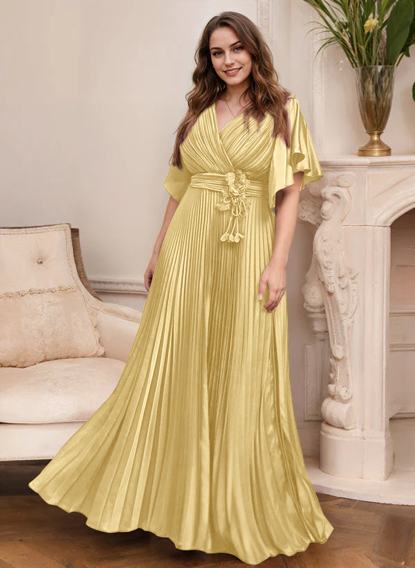 V-Neck A-Line Princess Short Sleeve Mother of the Bride Dress with Belt