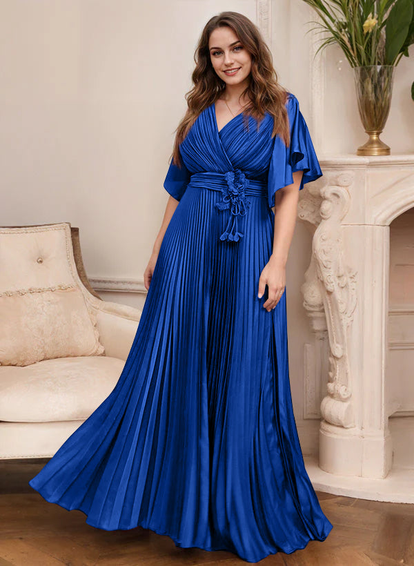 V-Neck A-Line Princess Short Sleeve Mother of the Bride Dress with Belt