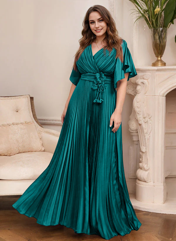 V-Neck A-Line Princess Short Sleeve Mother of the Bride Dress with Belt