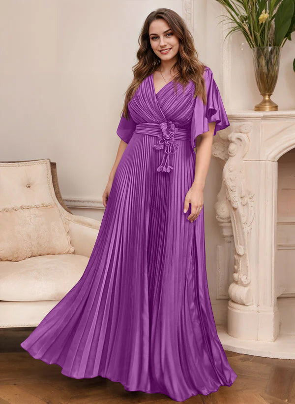V-Neck A-Line Princess Short Sleeve Mother of the Bride Dress with Belt