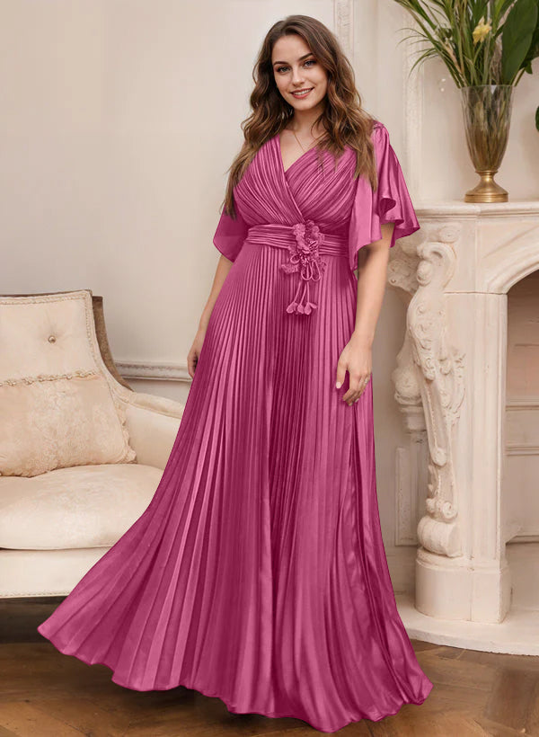 V-Neck A-Line Princess Short Sleeve Mother of the Bride Dress with Belt