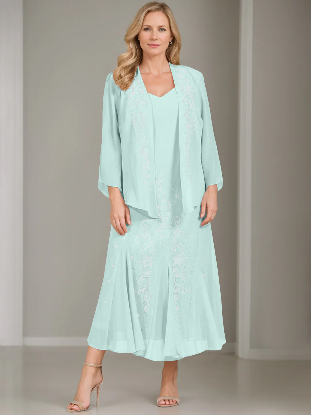 V-Neck A-Line Princess Two-Piece Plus Size Mother of the Bride Dress with Jacket and Sequins in Tea-Length