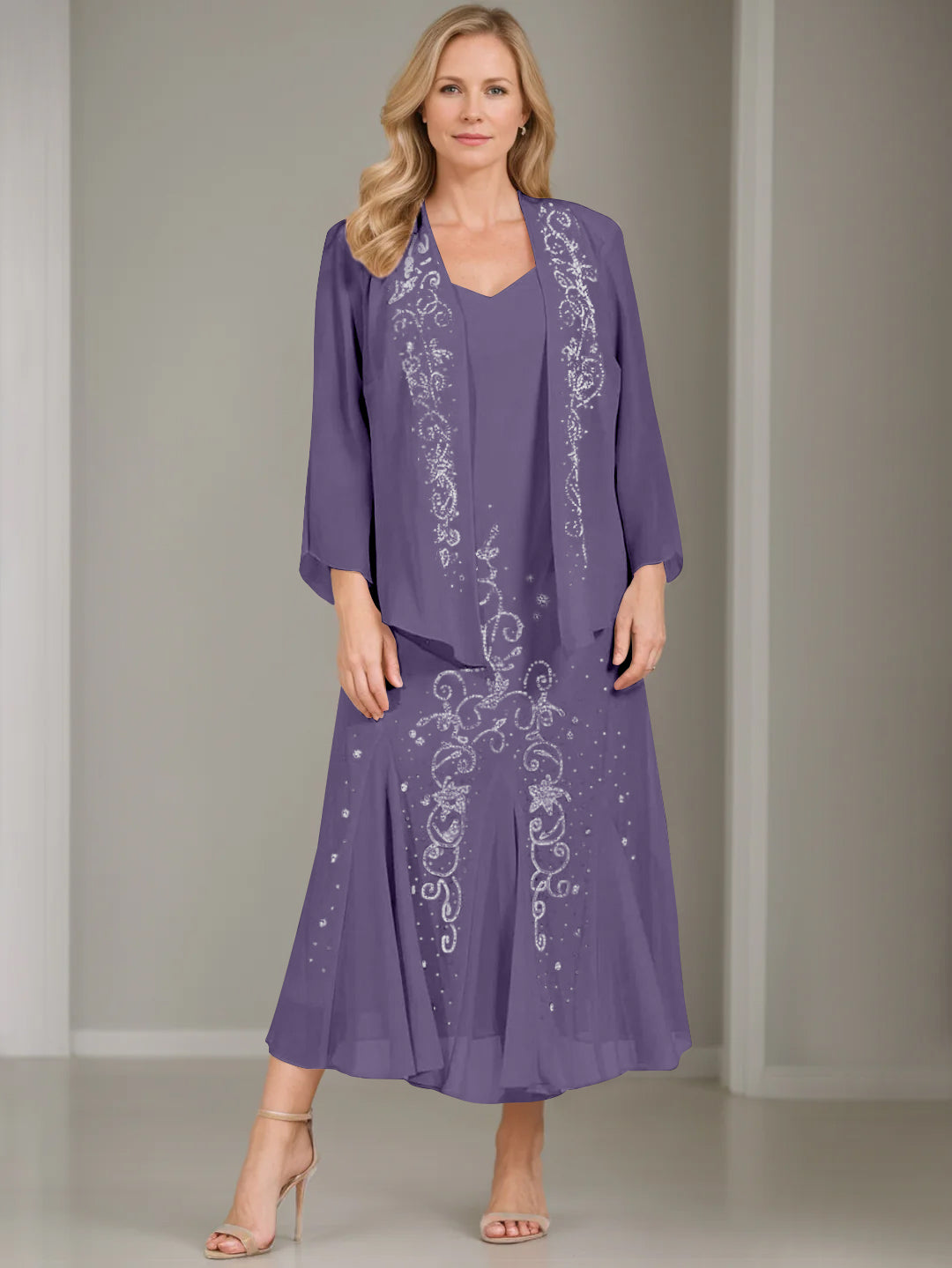 V-Neck A-Line Princess Two-Piece Plus Size Mother of the Bride Dress with Jacket and Sequins in Tea-Length