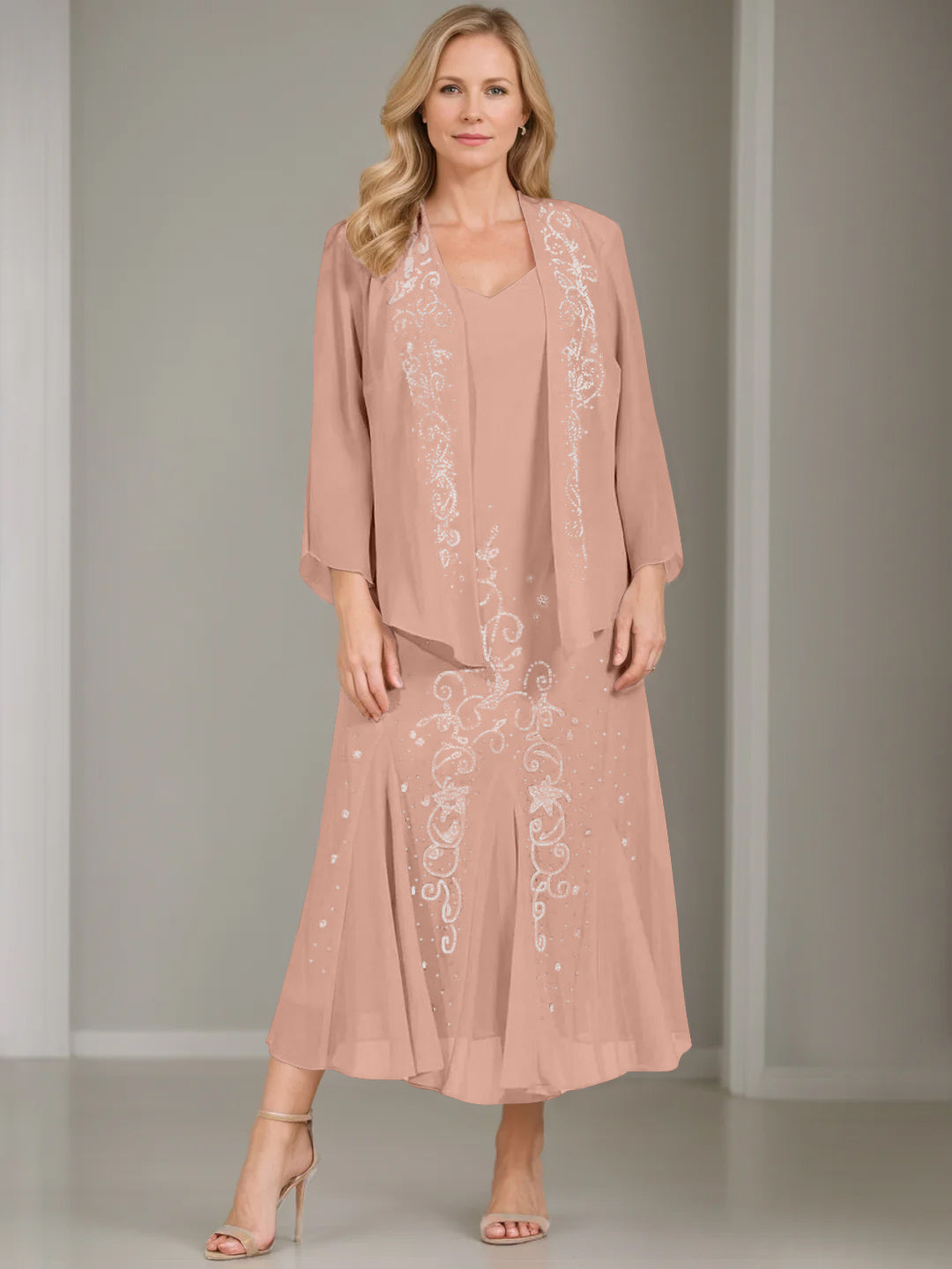 V-Neck A-Line Princess Two-Piece Plus Size Mother of the Bride Dress with Jacket and Sequins in Tea-Length