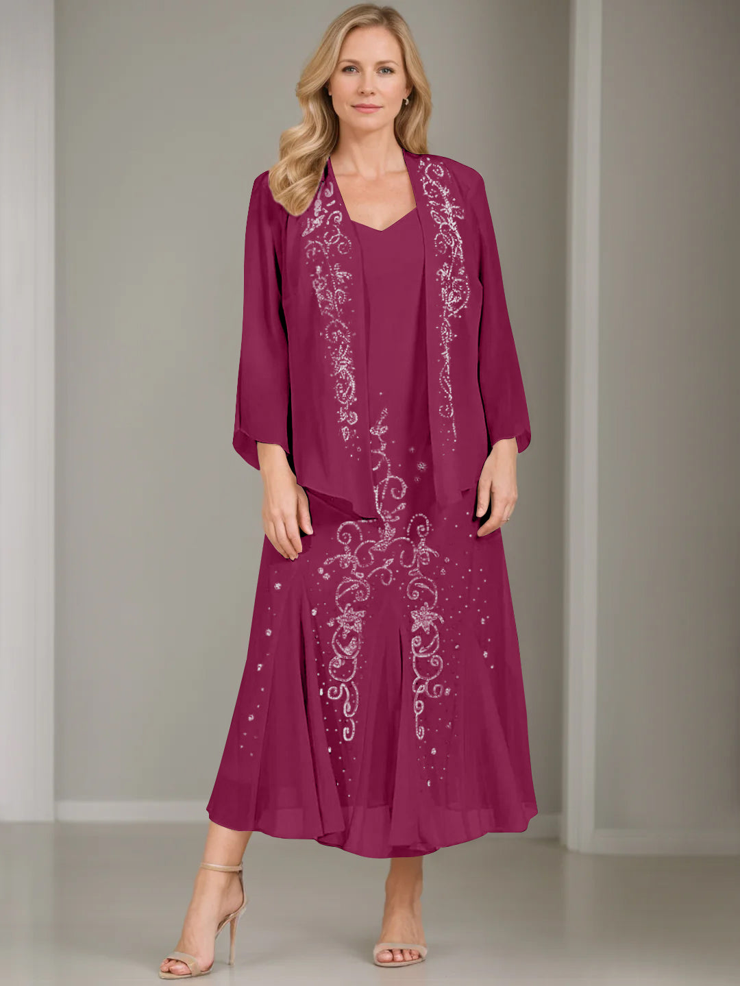 V-Neck A-Line Princess Two-Piece Plus Size Mother of the Bride Dress with Jacket and Sequins in Tea-Length