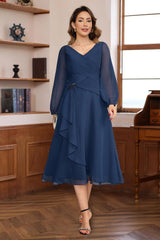 V-Neck A-Line Tea-Length Dress with Long Sleeves Pleats and Appliques for Mothers of the Bride & Groom