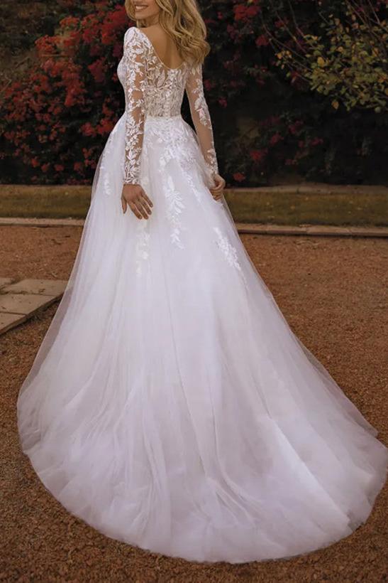 V-Neck A-Line Wedding Dresses With Long Sleeves Lace/Tulle and Appliques Lace
