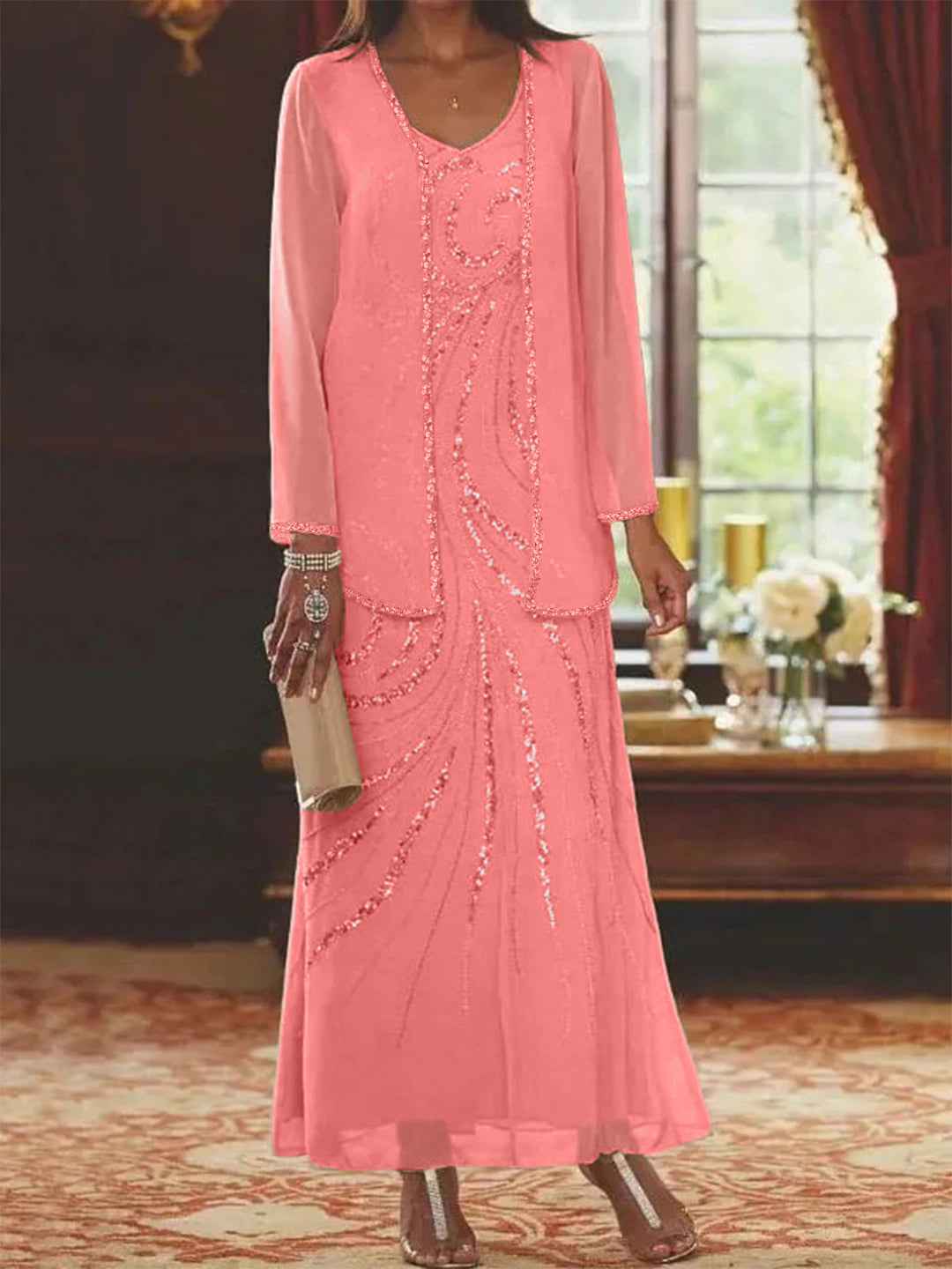 V-Neck Ankle-Length Sheath/Column Mother of the Bride Dresses with Sequins & Jacket
