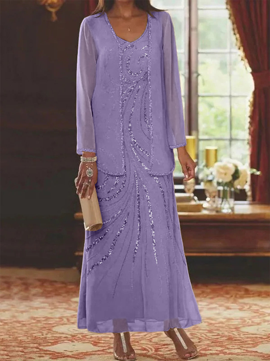 V-Neck Ankle-Length Sheath/Column Mother of the Bride Dresses with Sequins & Jacket