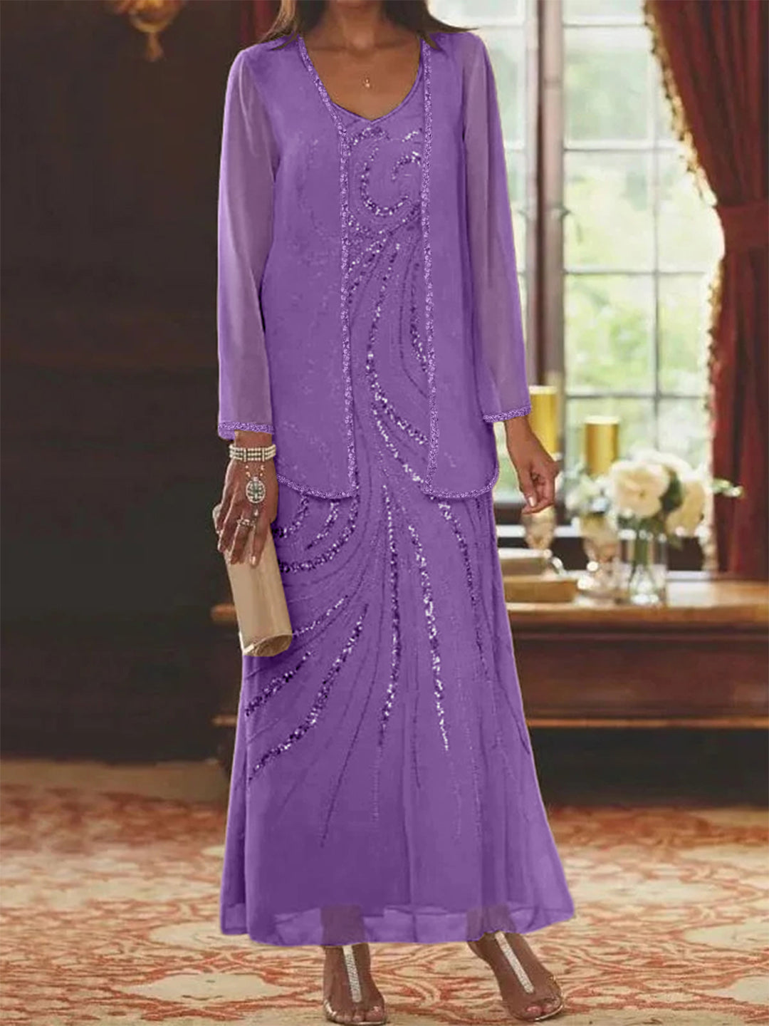 V-Neck Ankle-Length Sheath/Column Mother of the Bride Dresses with Sequins & Jacket