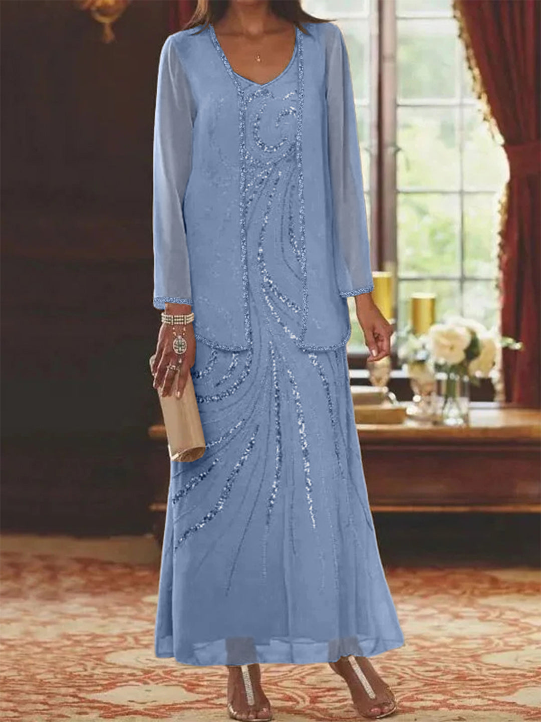 V-Neck Ankle-Length Sheath/Column Mother of the Bride Dresses with Sequins & Jacket