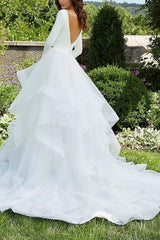 V-Neck Ball-Gown Wedding Dresses with Long Sleeves and Cascading Ruffles in Satin/Organza