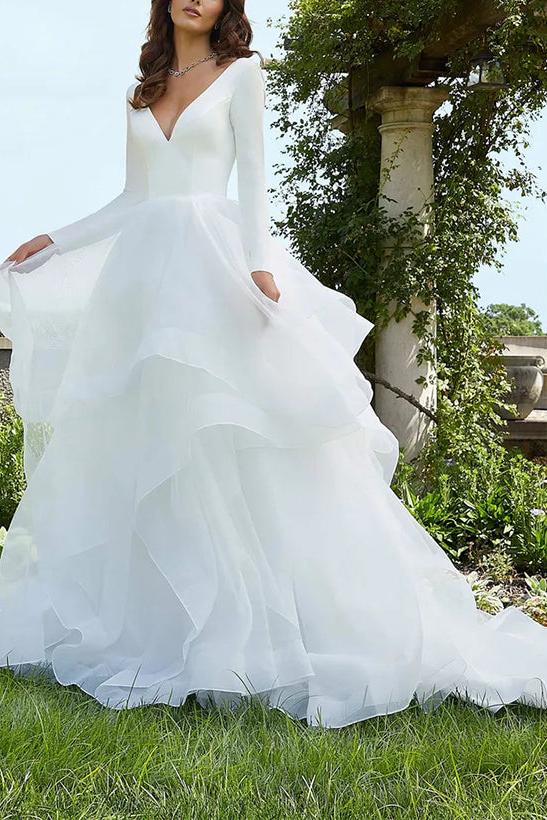 V-Neck Ball-Gown Wedding Dresses with Long Sleeves and Cascading Ruffles in Satin/Organza