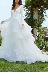 V-Neck Ball-Gown Wedding Dresses with Long Sleeves and Cascading Ruffles in Satin/Organza