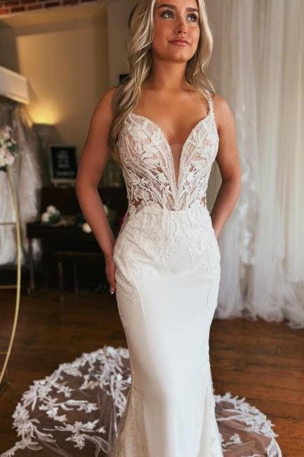 V Neck Beach Wedding Dress Mermaid Sleeveless Bridal Gown With Lace