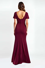 V-Neck Burgundy Wedding Guest Dress Short Sleeves Long Formal Dress