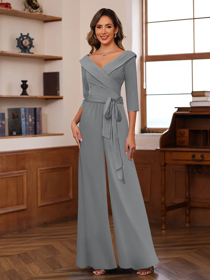 V-Neck Chiffon Jumpsuit with Ruched Detail and 3/4 Sleeves for the Mother