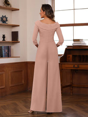 V-Neck Chiffon Jumpsuit with Ruched Detail and 3/4 Sleeves for the Mother